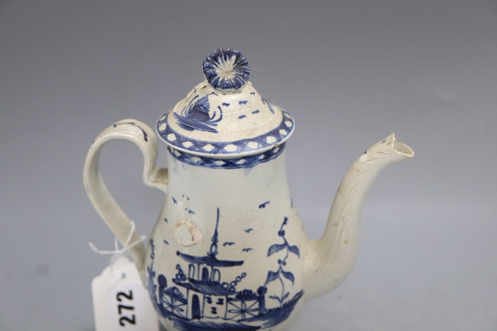Two English blue and white tea / coffee pots, a Derby type pot pourri and a porcelain caddy